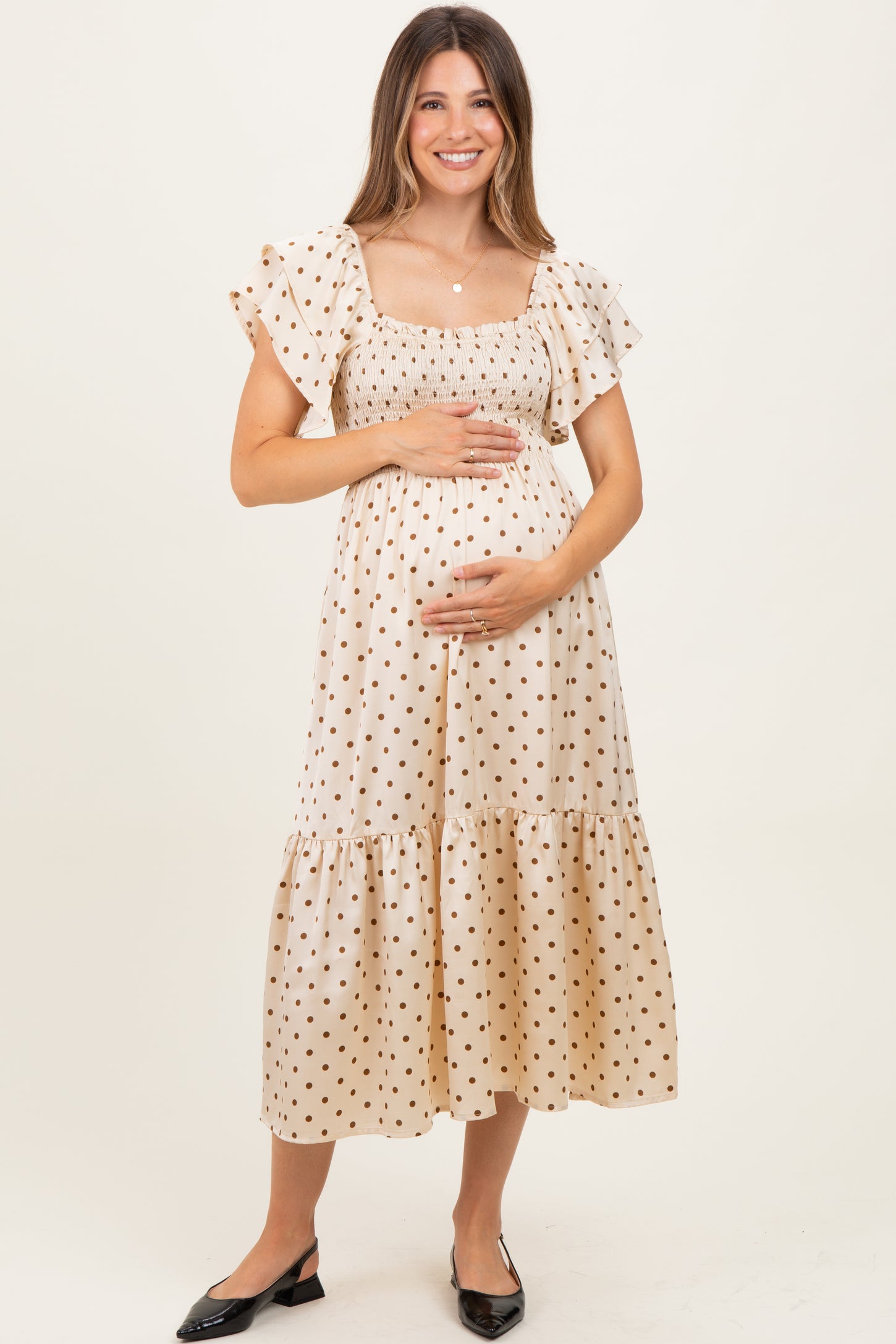 Cream Polka Dot Satin Smocked Flutter Sleeve Maternity Dress