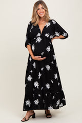 Black Vintage Floral Embroidered V-Neck 3/4 Sleeve Maternity Maxi Dress