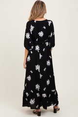 Black Vintage Floral Embroidered V-Neck 3/4 Sleeve Maternity Maxi Dress