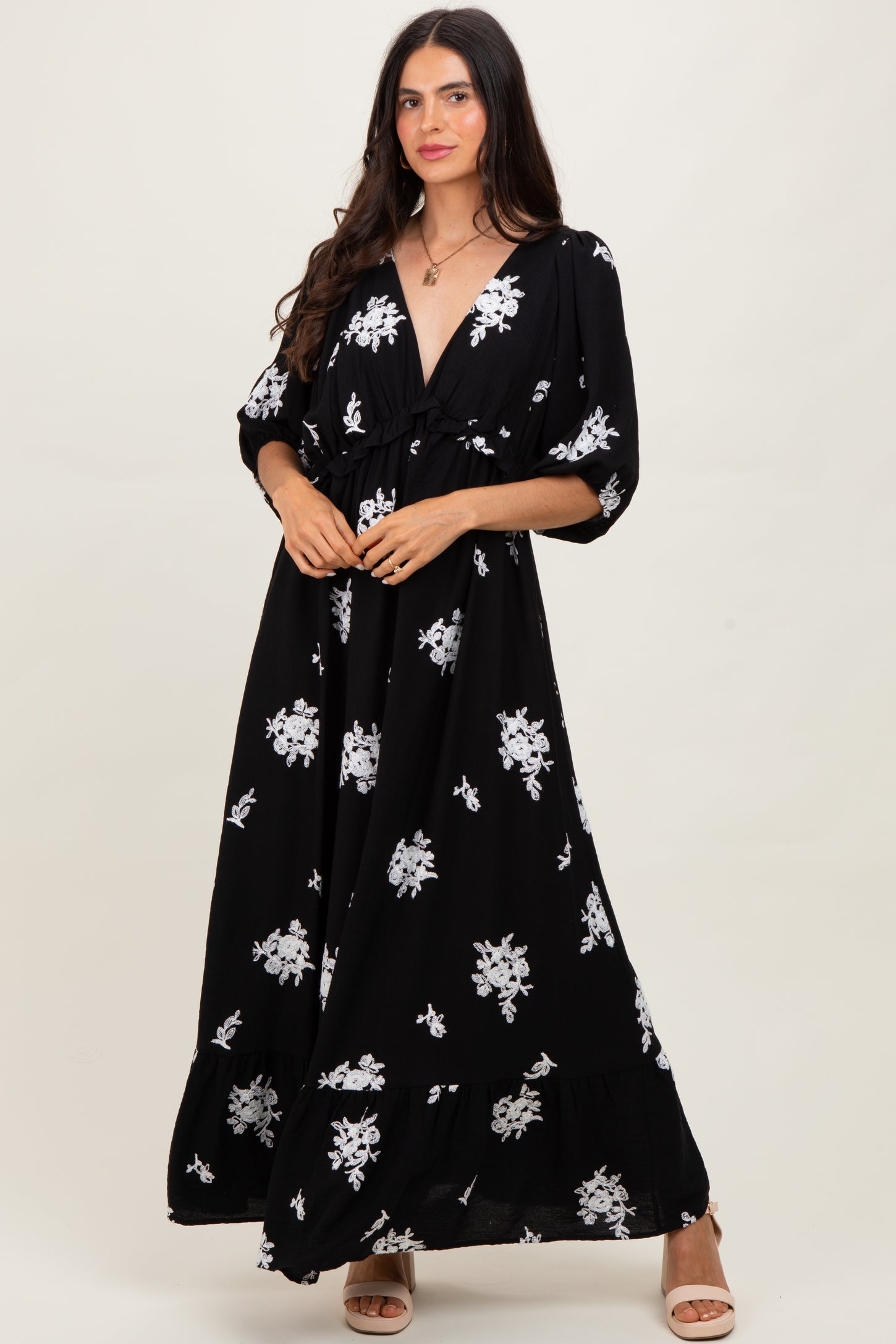 Black Vintage Floral Embroidered V-Neck 3/4 Sleeve Maternity Maxi Dress