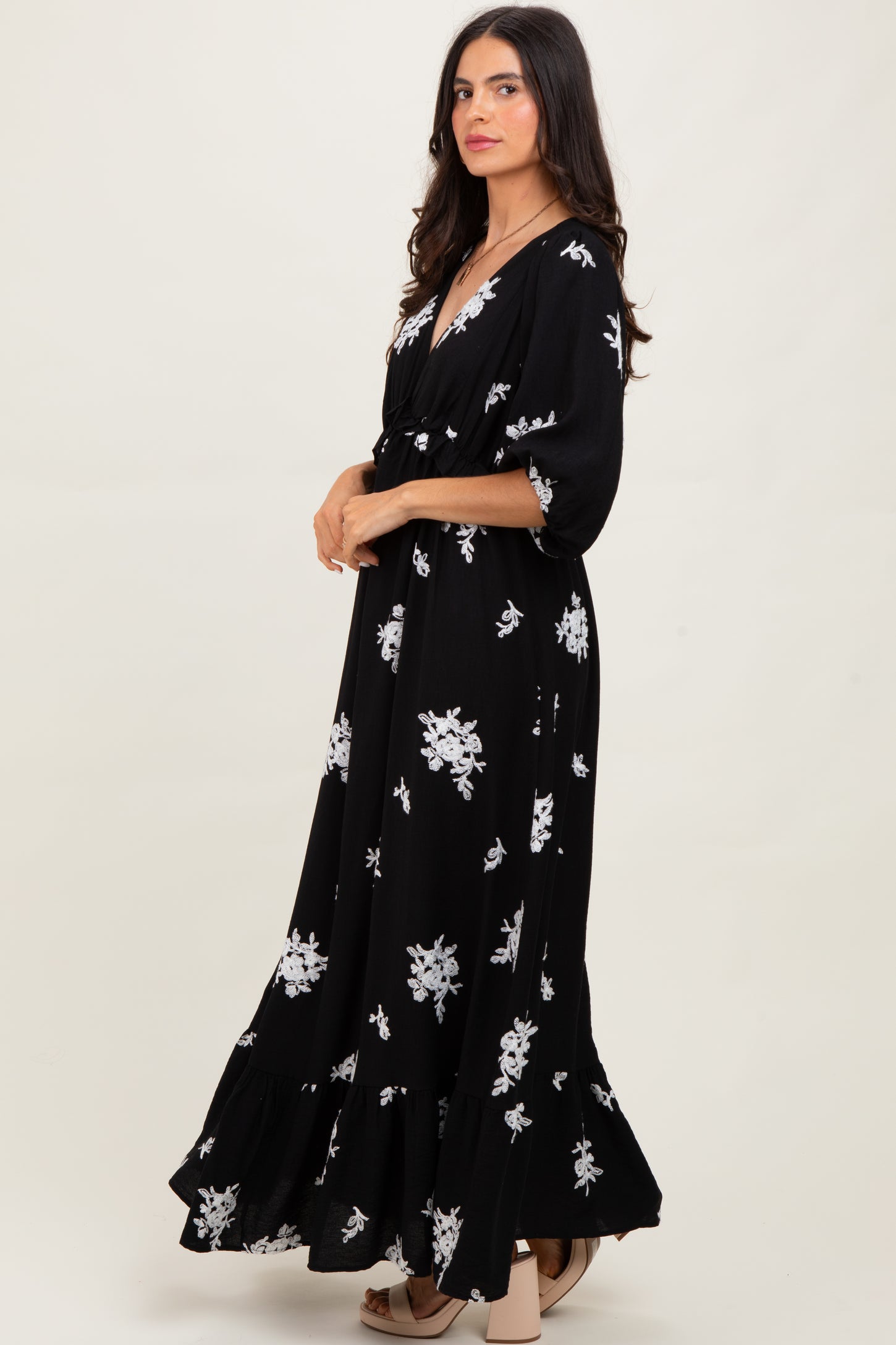 Black Vintage Floral Embroidered V-Neck 3/4 Sleeve Maxi Dress