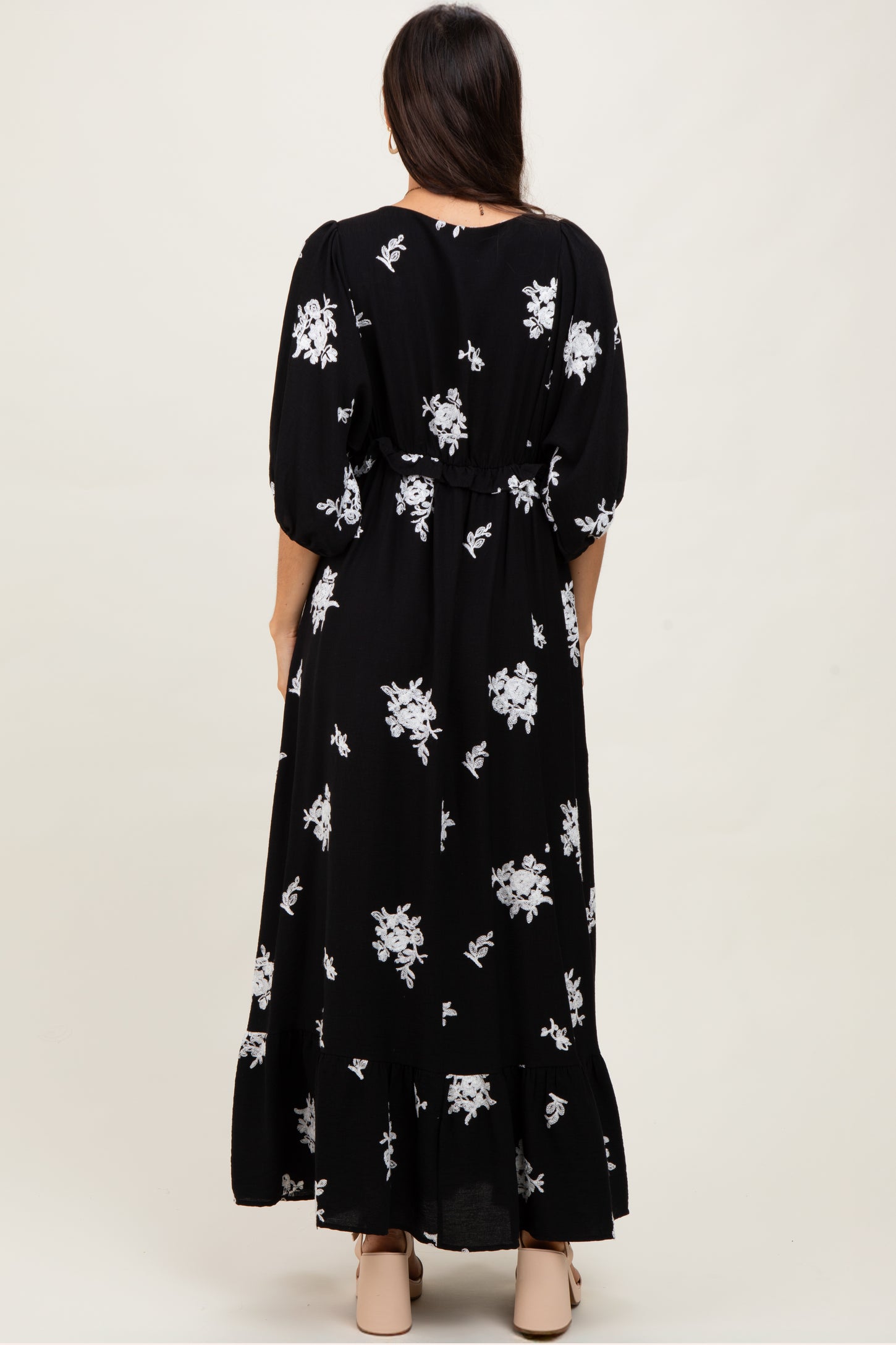 Black Vintage Floral Embroidered V-Neck 3/4 Sleeve Maxi Dress
