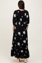 Black Vintage Floral Embroidered V-Neck 3/4 Sleeve Maxi Dress