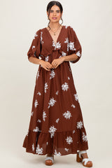 Brown Vintage Floral Embroidered V-Neck 3/4 Sleeve Maxi Dress
