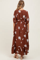 Brown Vintage Floral Embroidered V-Neck 3/4 Sleeve Maternity Maxi Dress