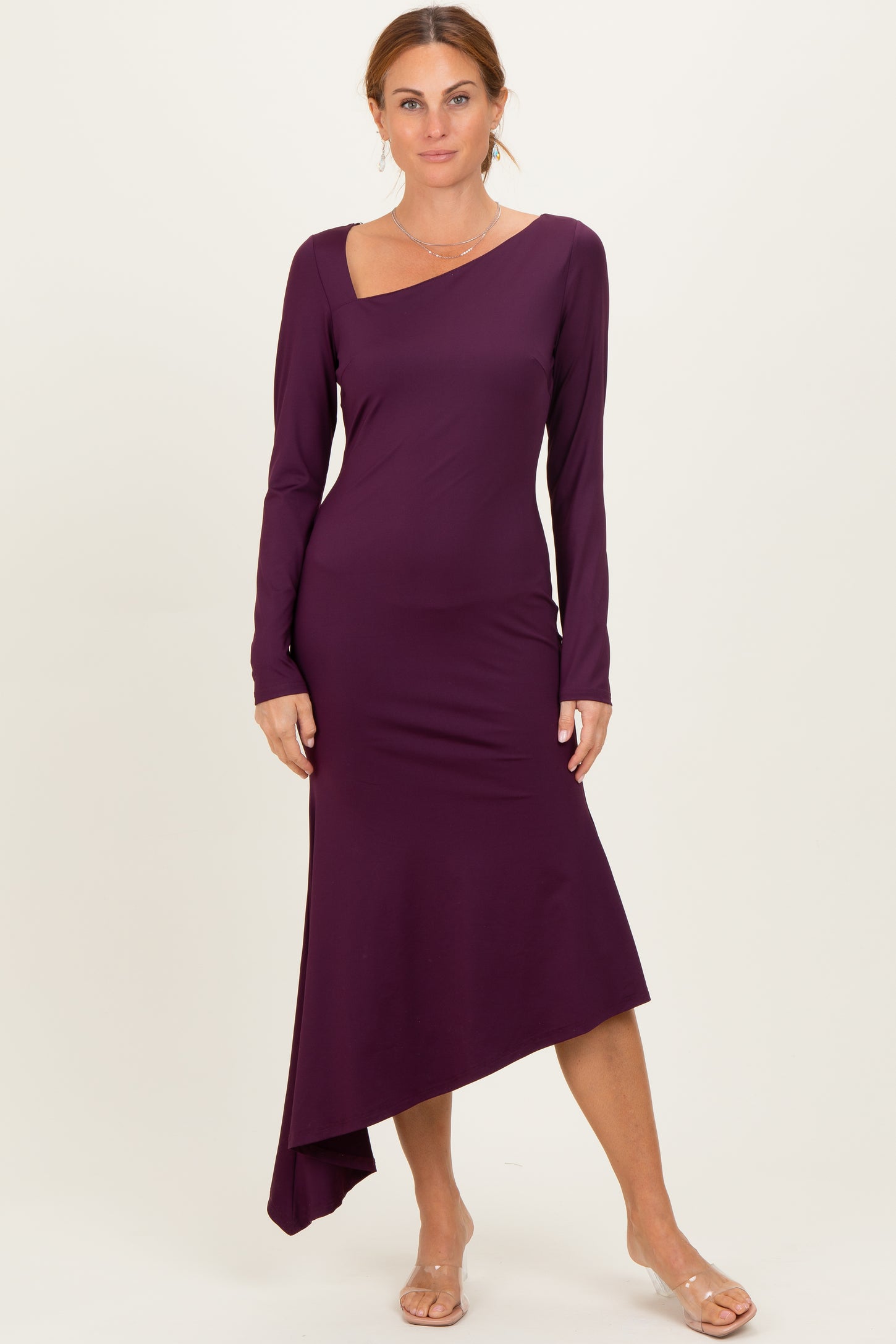 Plum Asymmetric Hem Maternity Midi Dress