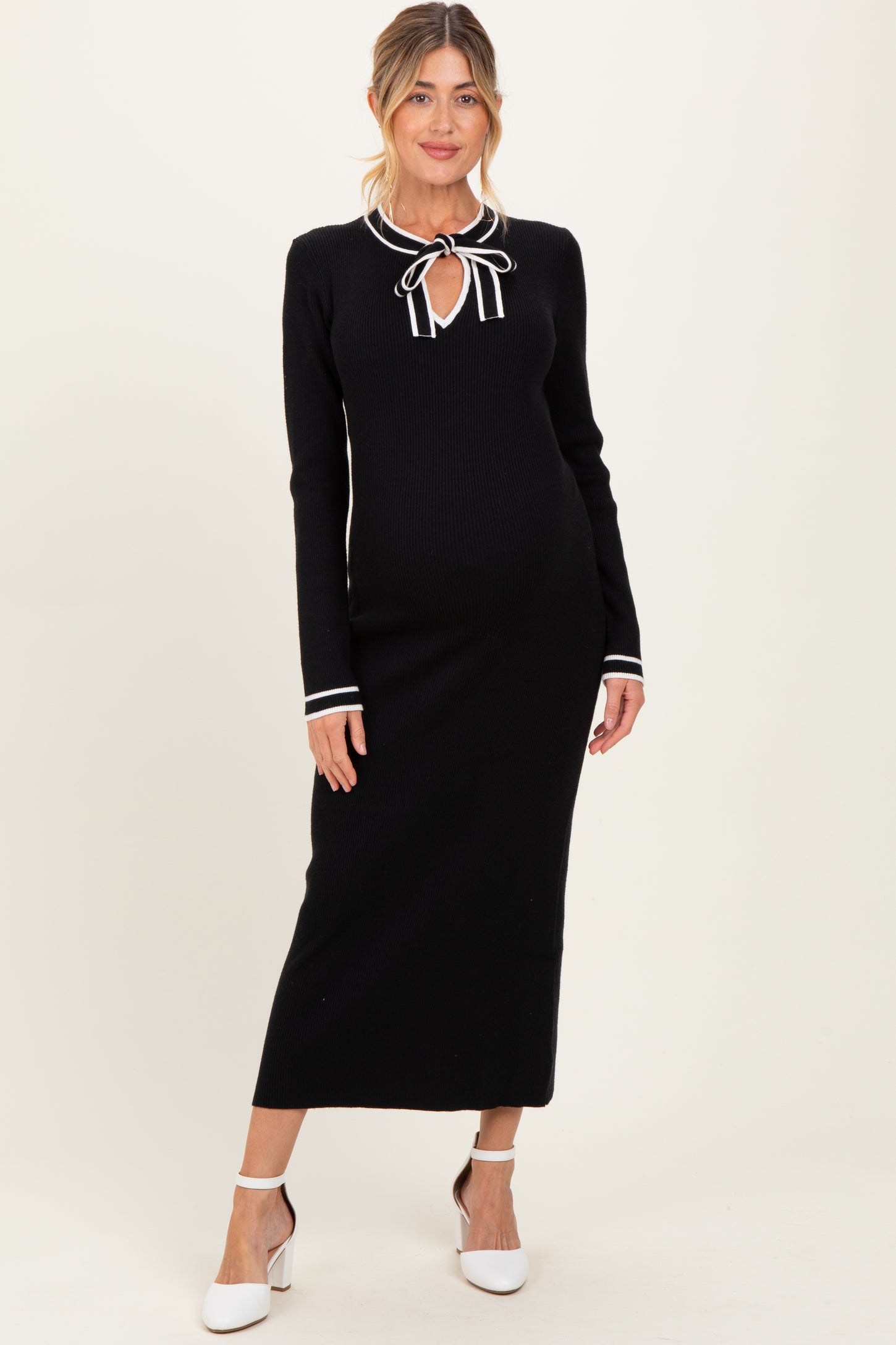 Black Tie Neck Maternity Sweater Midi Dress