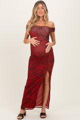 Burgundy Floral One Shoulder Maternity Maxi Dress