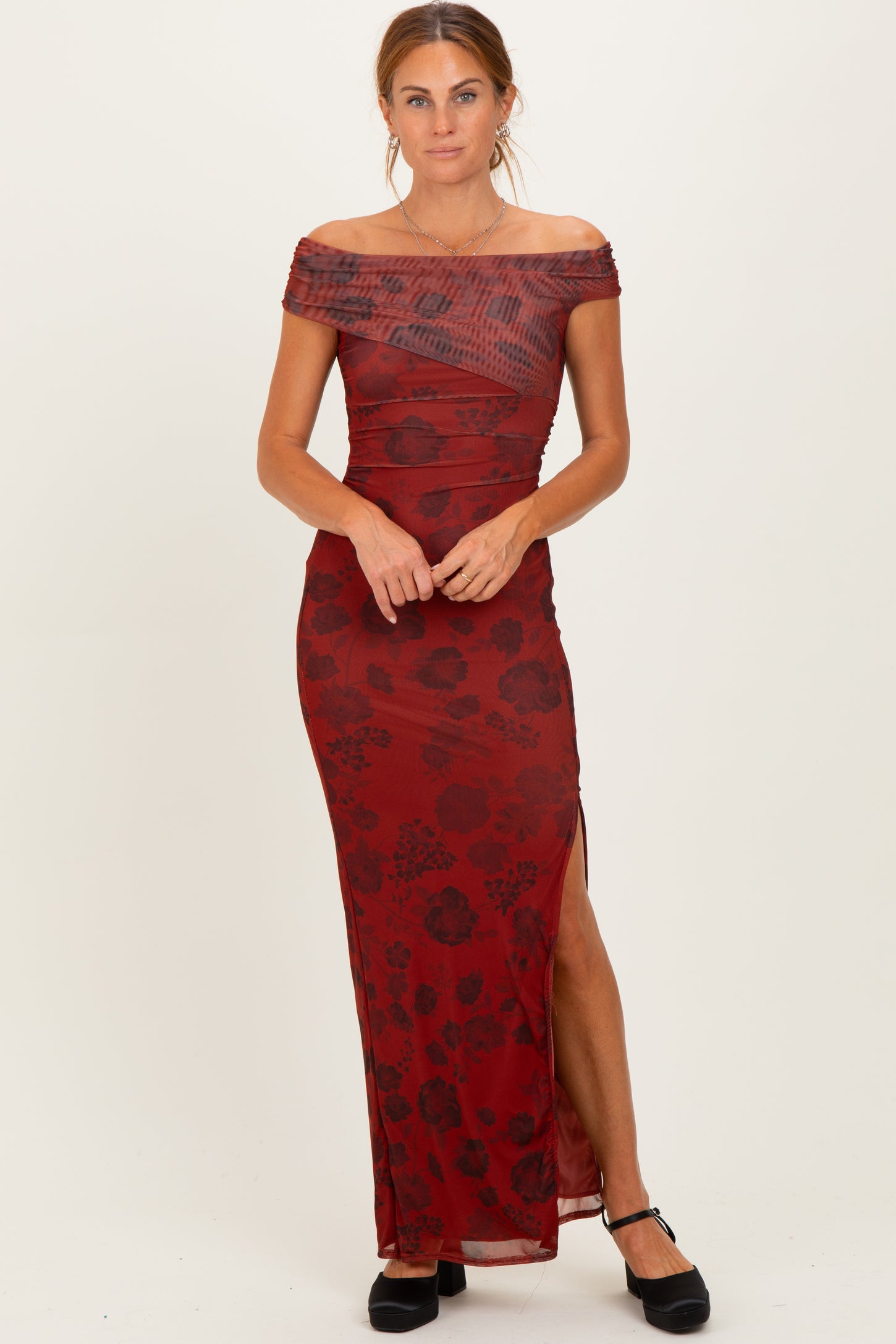 Burgundy Floral One Shoulder Maxi Dress