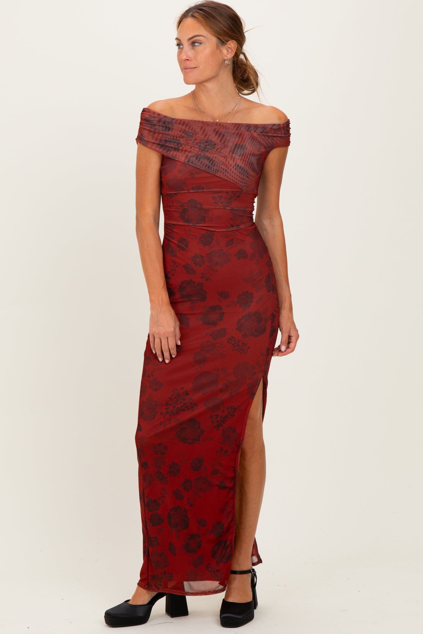 Burgundy Floral One Shoulder Maxi Dress