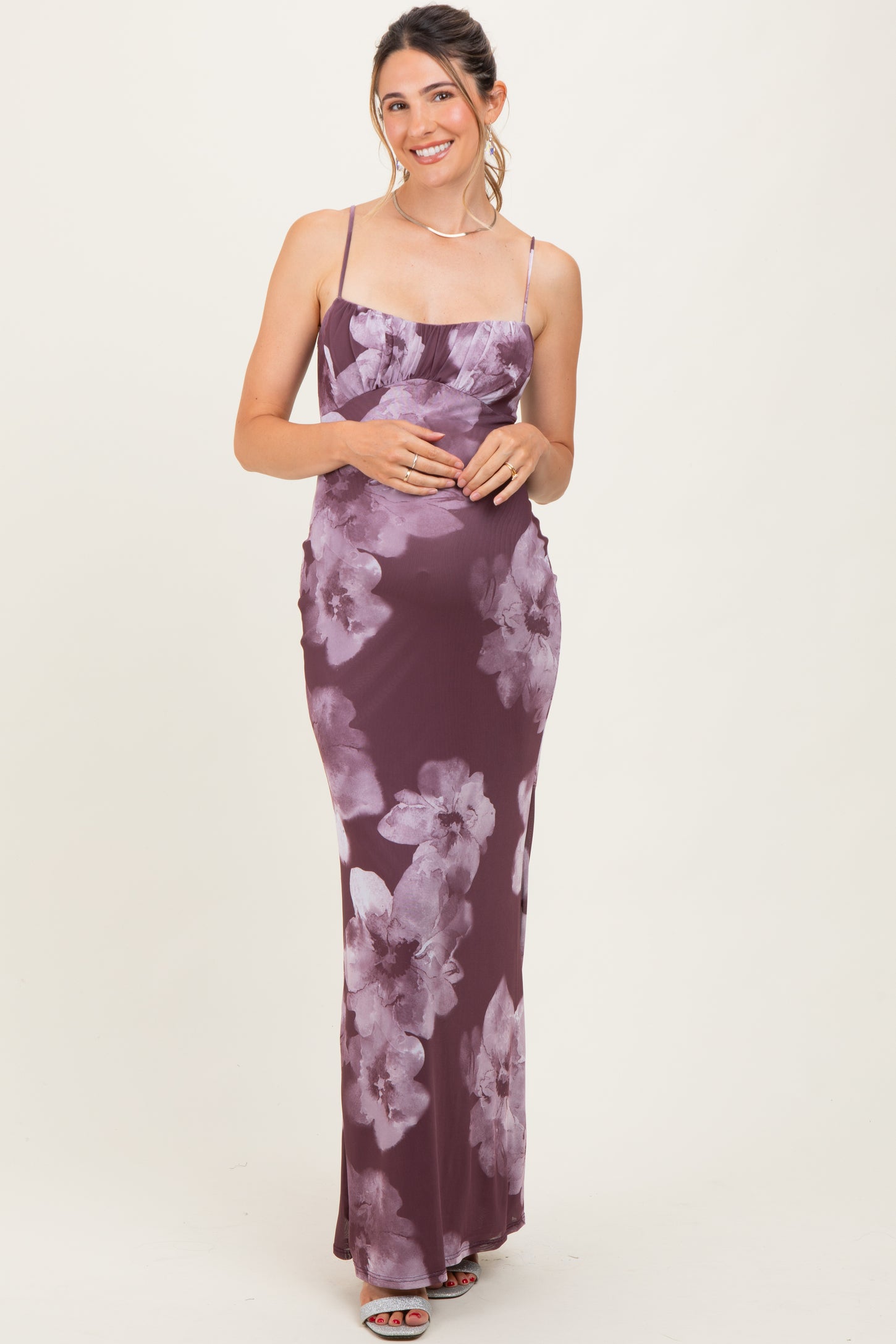 Purple Floral Mesh Sleeveless Cutout Maternity Maxi Dress