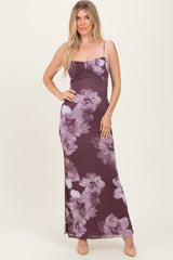 Purple Floral Mesh Sleeveless Cutout Maxi Dress