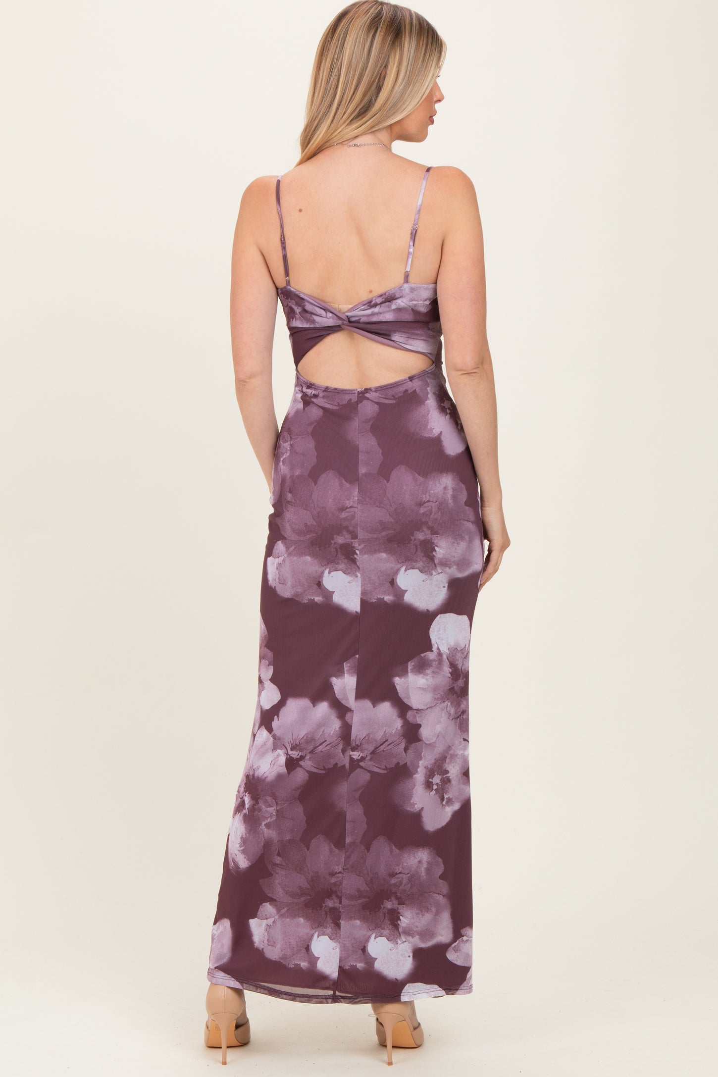 Purple Floral Mesh Sleeveless Cutout Maxi Dress