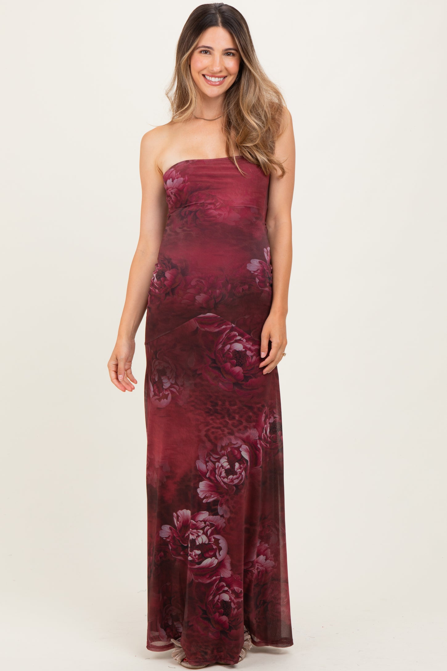 Burgundy Floral Strapless Maternity Maxi Dress