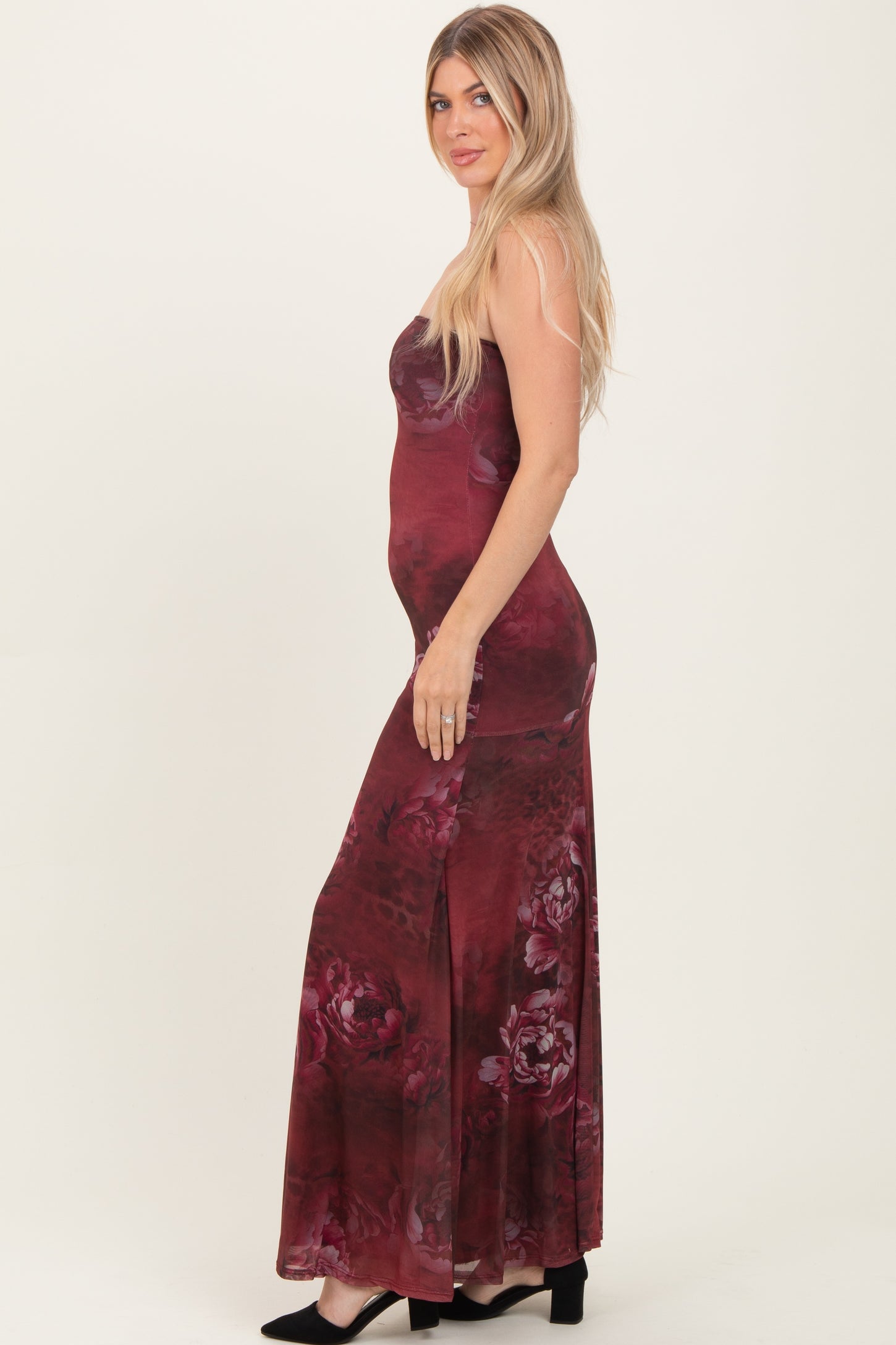 Burgundy Floral Strapless Maxi Dress
