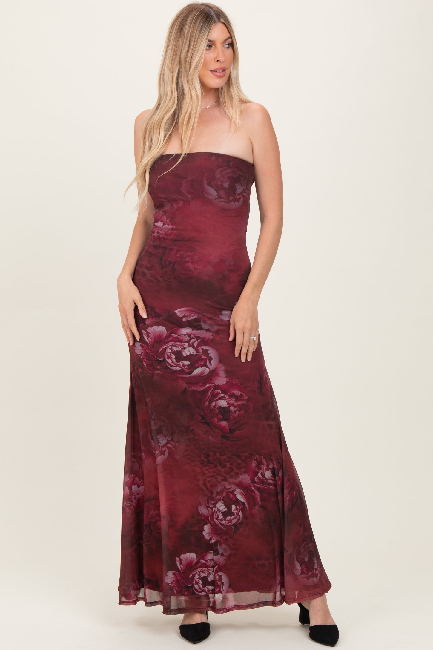 Burgundy Floral Strapless Maternity Maxi Dress