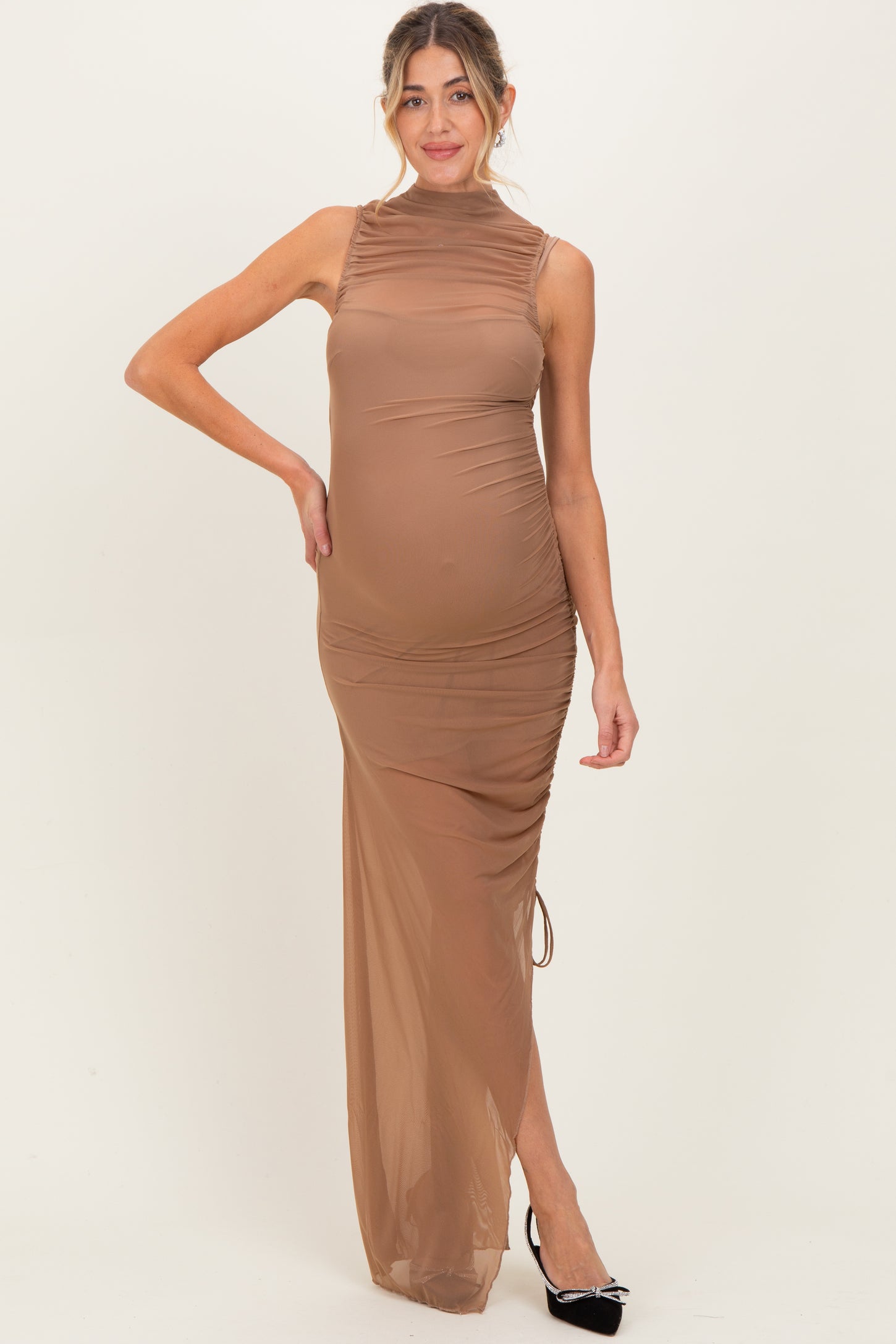 Mocha Mesh Ruched One Sleeve Maternity Maxi Dress