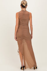 Mocha Mesh Ruched One Sleeve Maternity Maxi Dress