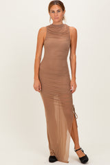 Mocha Mesh Ruched One Sleeve Maternity Maxi Dress