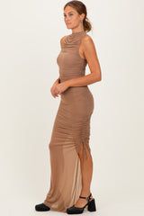 Mocha Mesh Ruched One Sleeve Maxi Dress