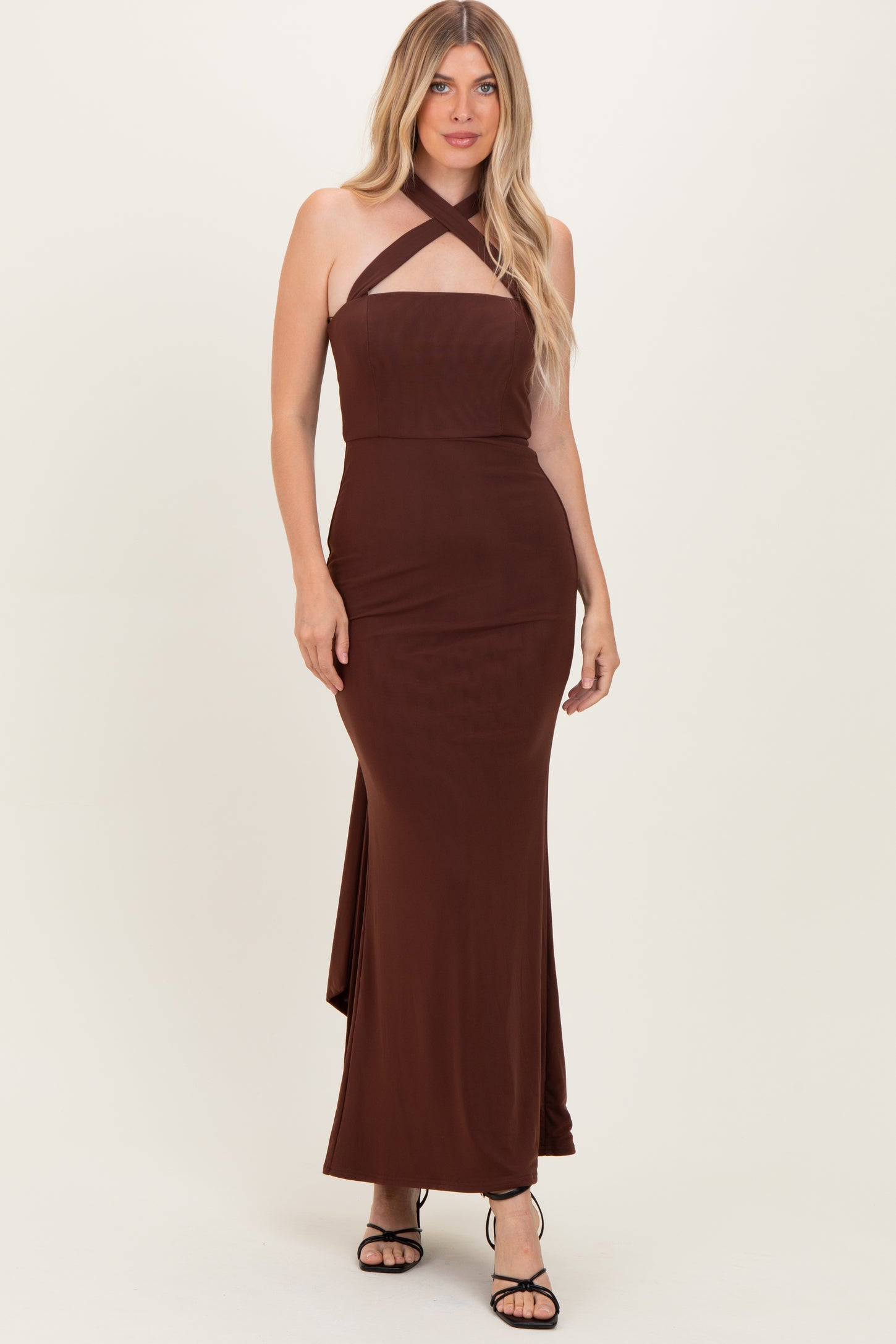 Brown Halter Neck Maxi Dress