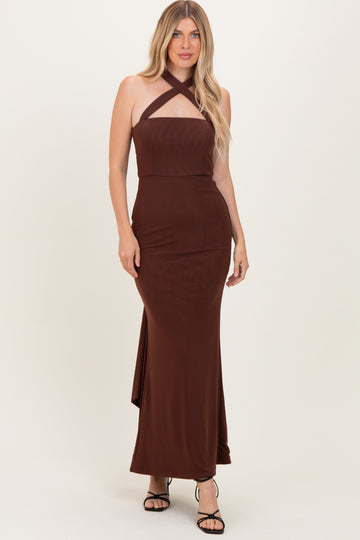 Brown Halter Neck Maxi Dress