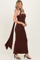 Brown Halter Neck Maxi Dress