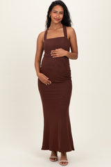 Brown Halter Neck Maternity Maxi Dress