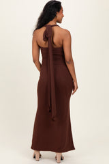 Brown Halter Neck Maternity Maxi Dress