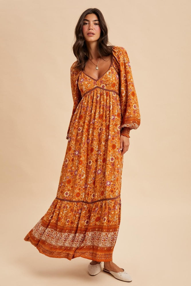 Orange Floral Border Print Long Sleeve Maxi Dress