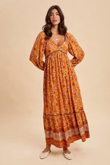 Orange Floral Border Print Long Sleeve Maxi Dress