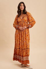 Orange Floral Border Print Long Sleeve Maxi Dress