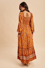 Orange Floral Border Print Long Sleeve Maxi Dress