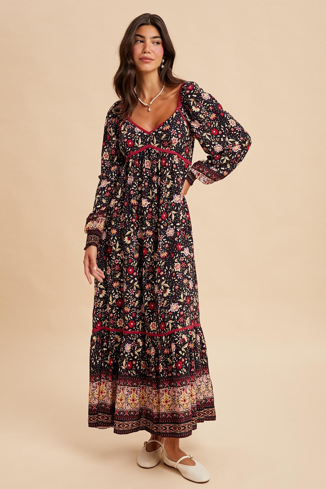 Navy Floral Border Print Long Sleeve Maxi Dress