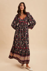 Navy Floral Border Print Long Sleeve Maxi Dress