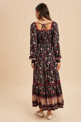 Navy Floral Border Print Long Sleeve Maxi Dress