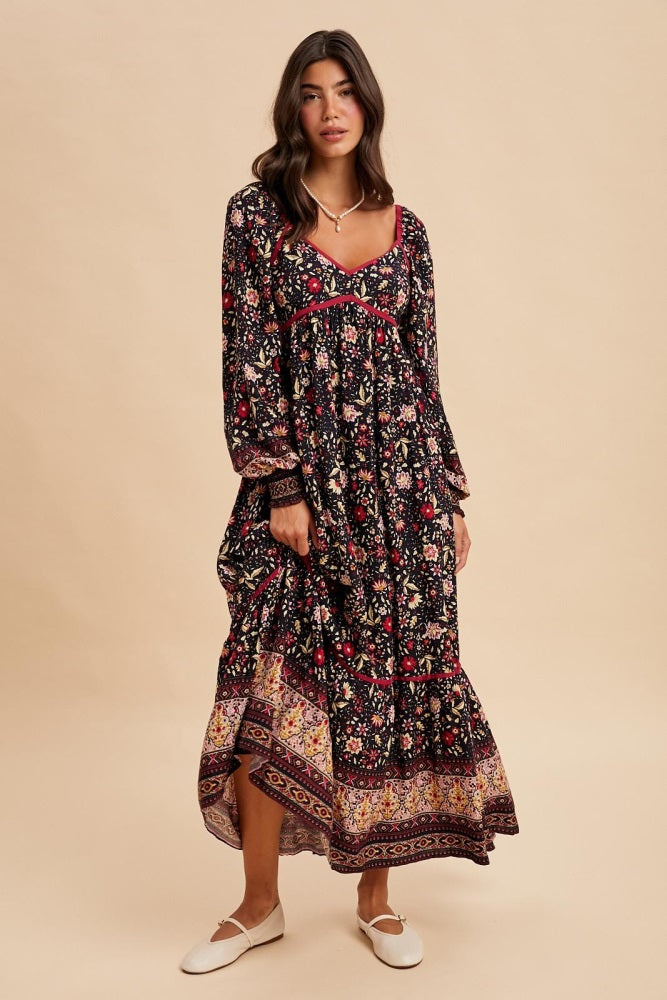 Navy Floral Border Print Long Sleeve Maternity Maxi Dress