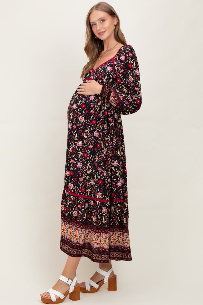 Navy Floral Border Print Long Sleeve Maternity Maxi Dress
