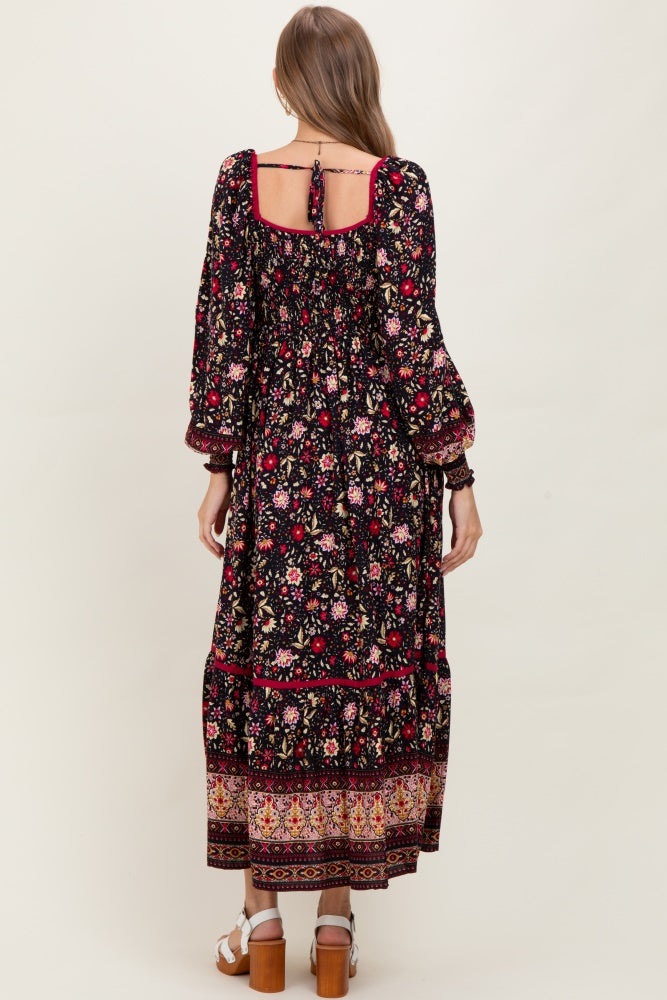 Navy Floral Border Print Long Sleeve Maternity Maxi Dress