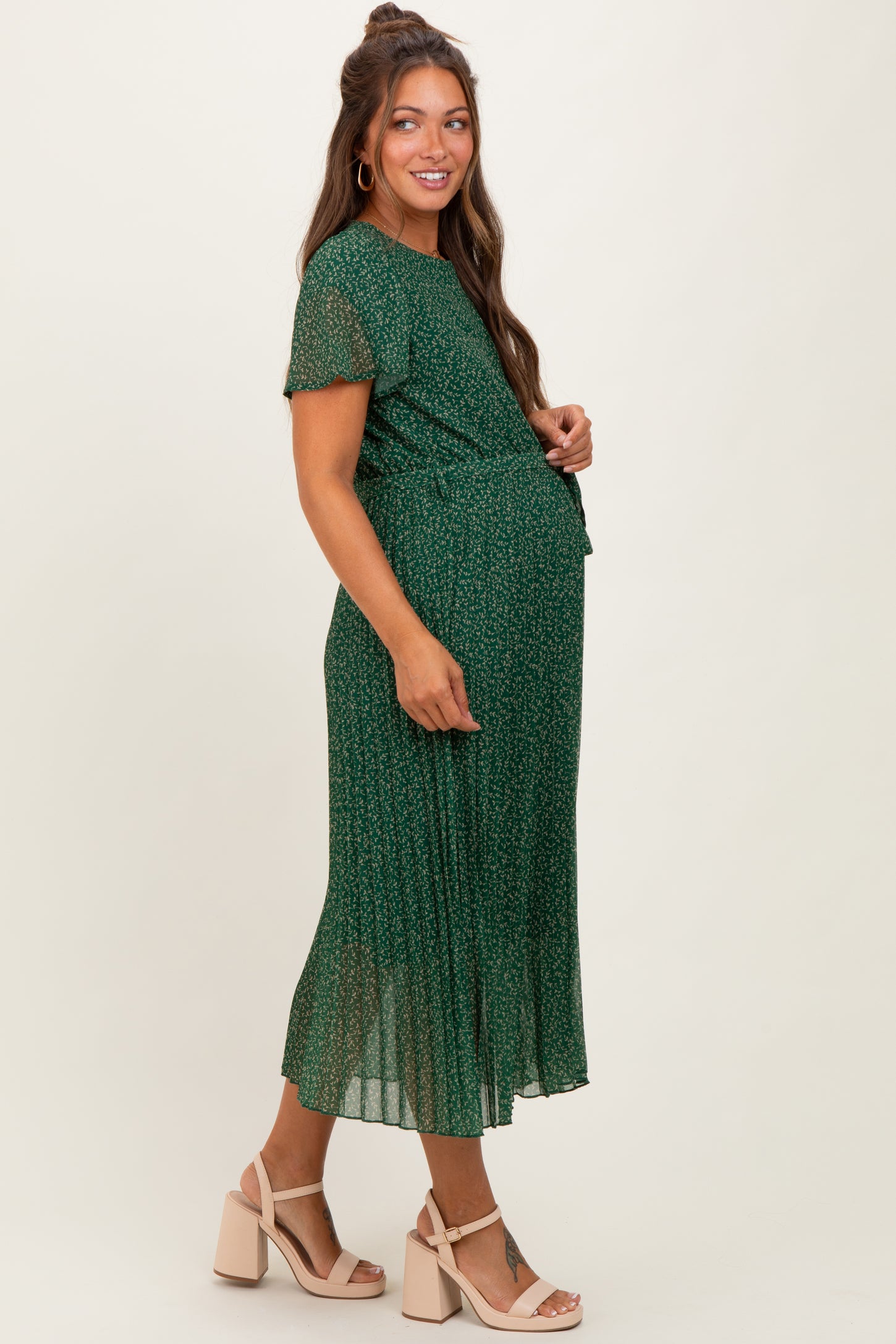 Forest Green Leaf Print Pleated Maternity Midi Dress