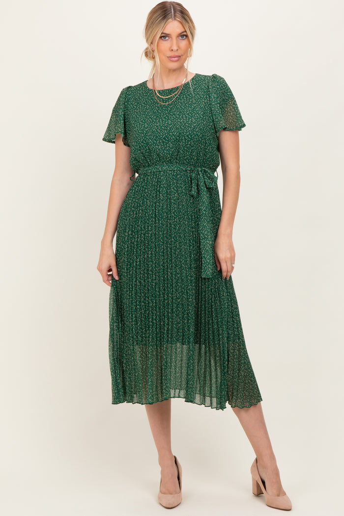 Forest Green Leaf Print Pleated Maternity Midi Dress