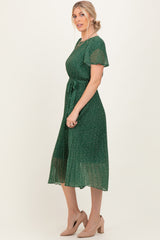 Forest Green Leaf Print Pleated Midi Dress