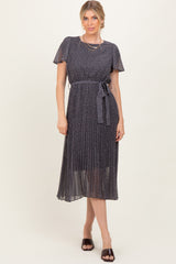 Grey Leaf Print Pleated Midi Dress