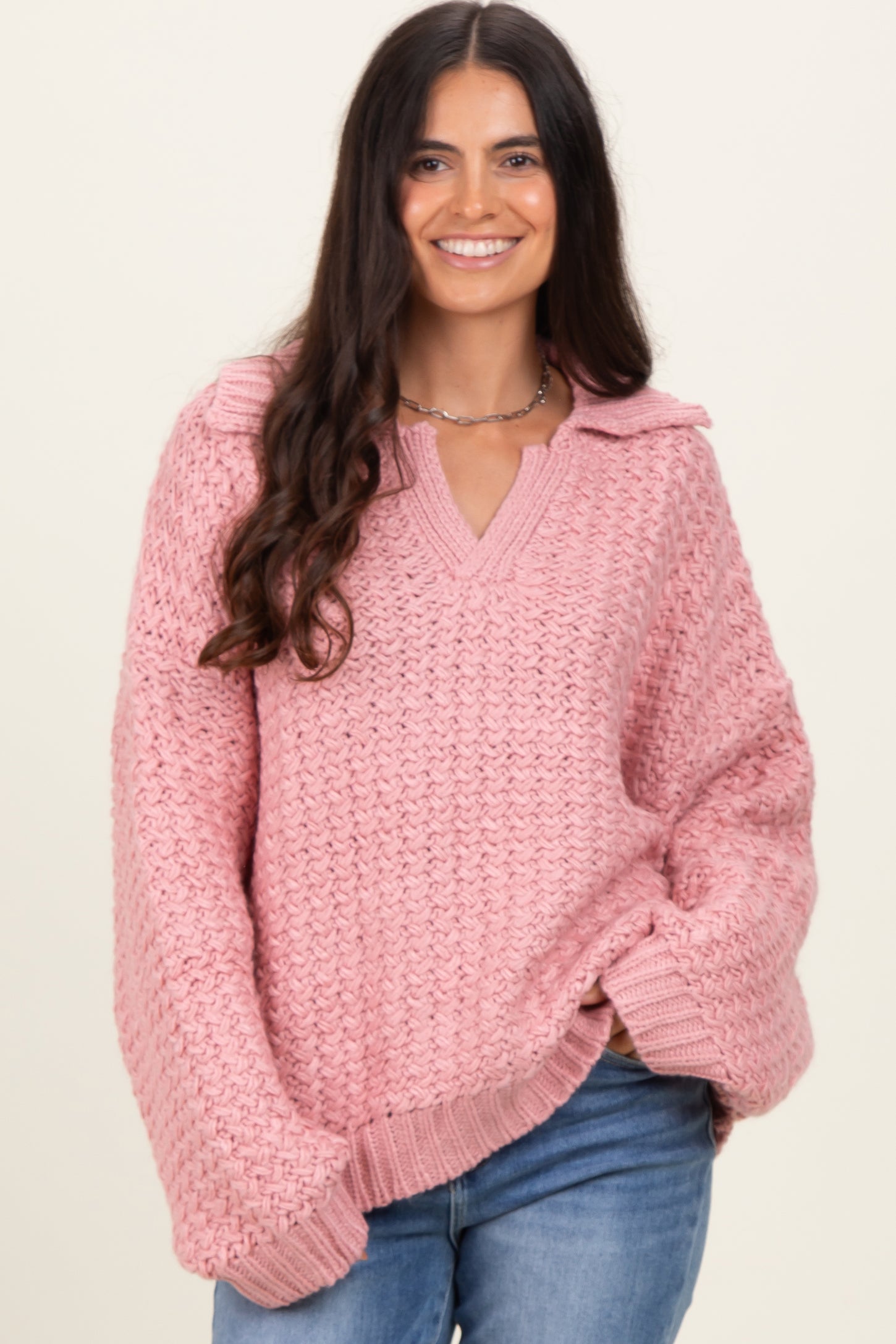 Mauve Collared Cable Knit Maternity Sweater