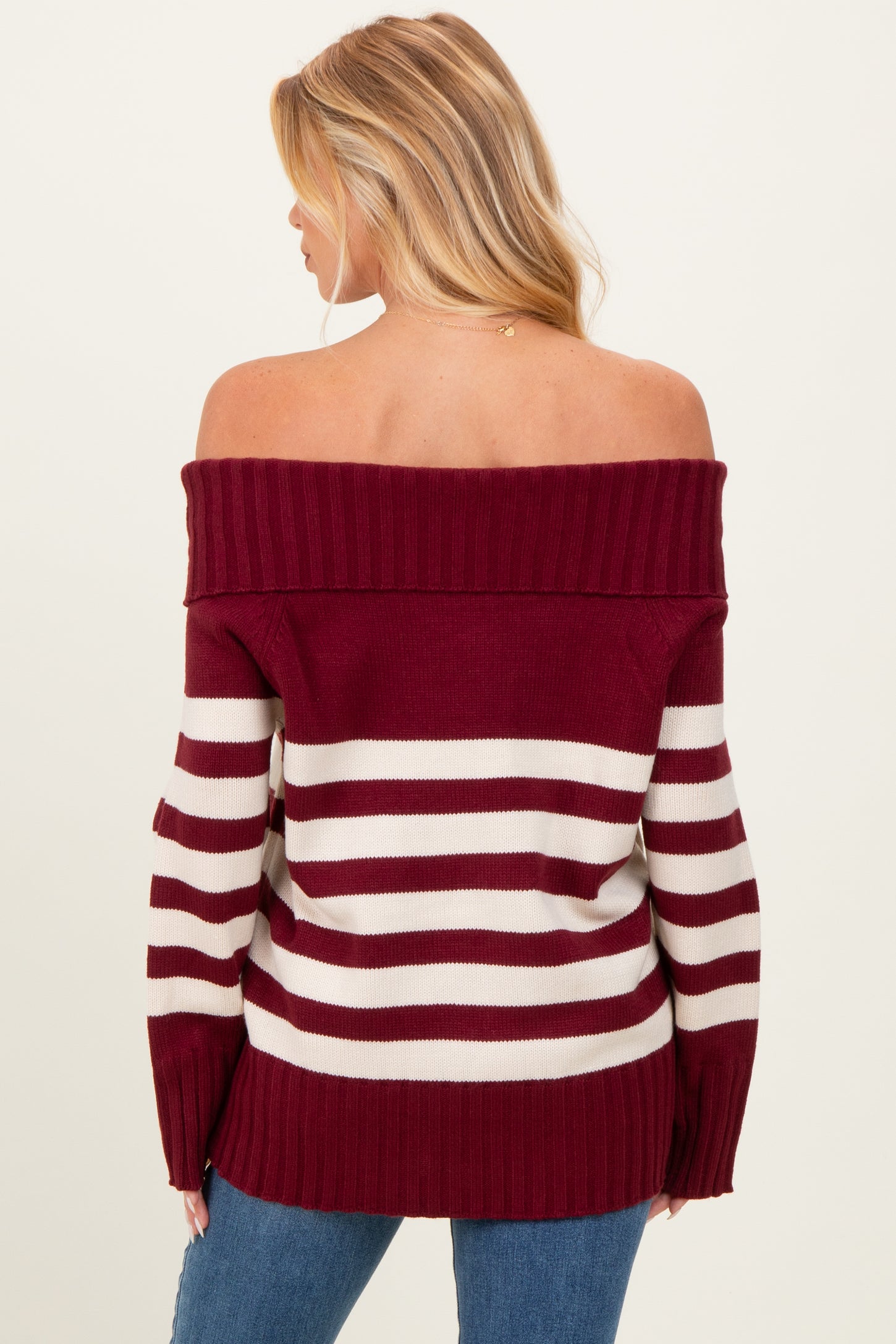 Burgundy Striped Off Shoulder Maternity Sweater