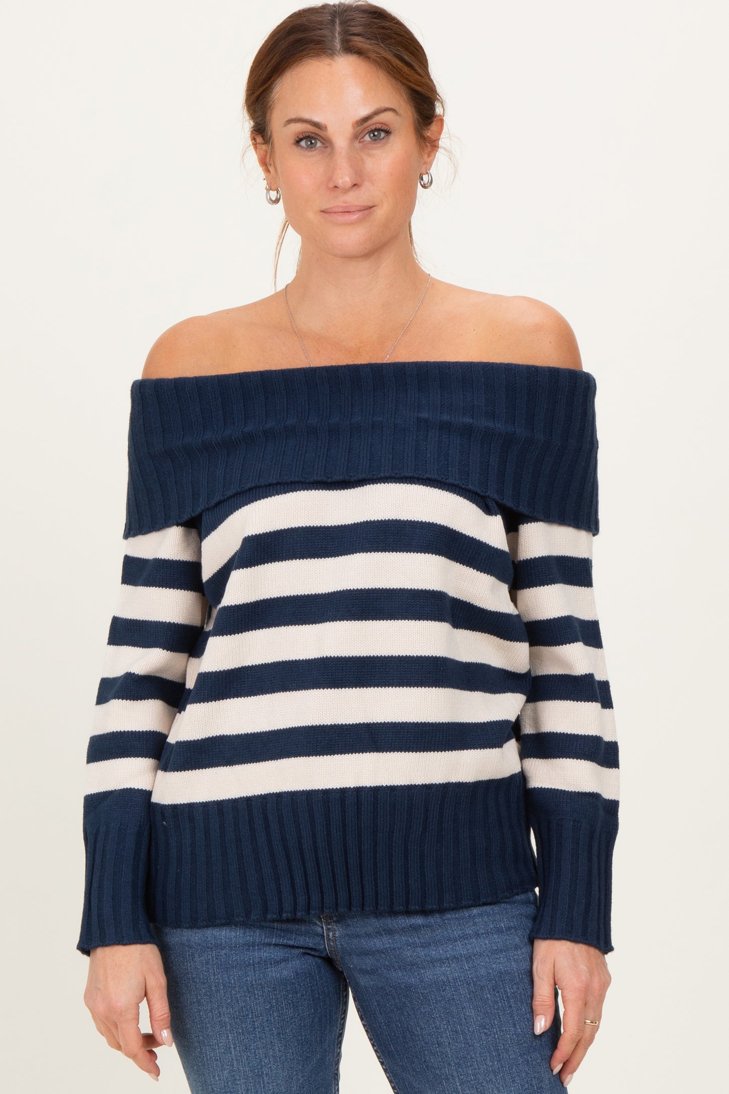 Navy Striped Off Shoulder Maternity Sweater