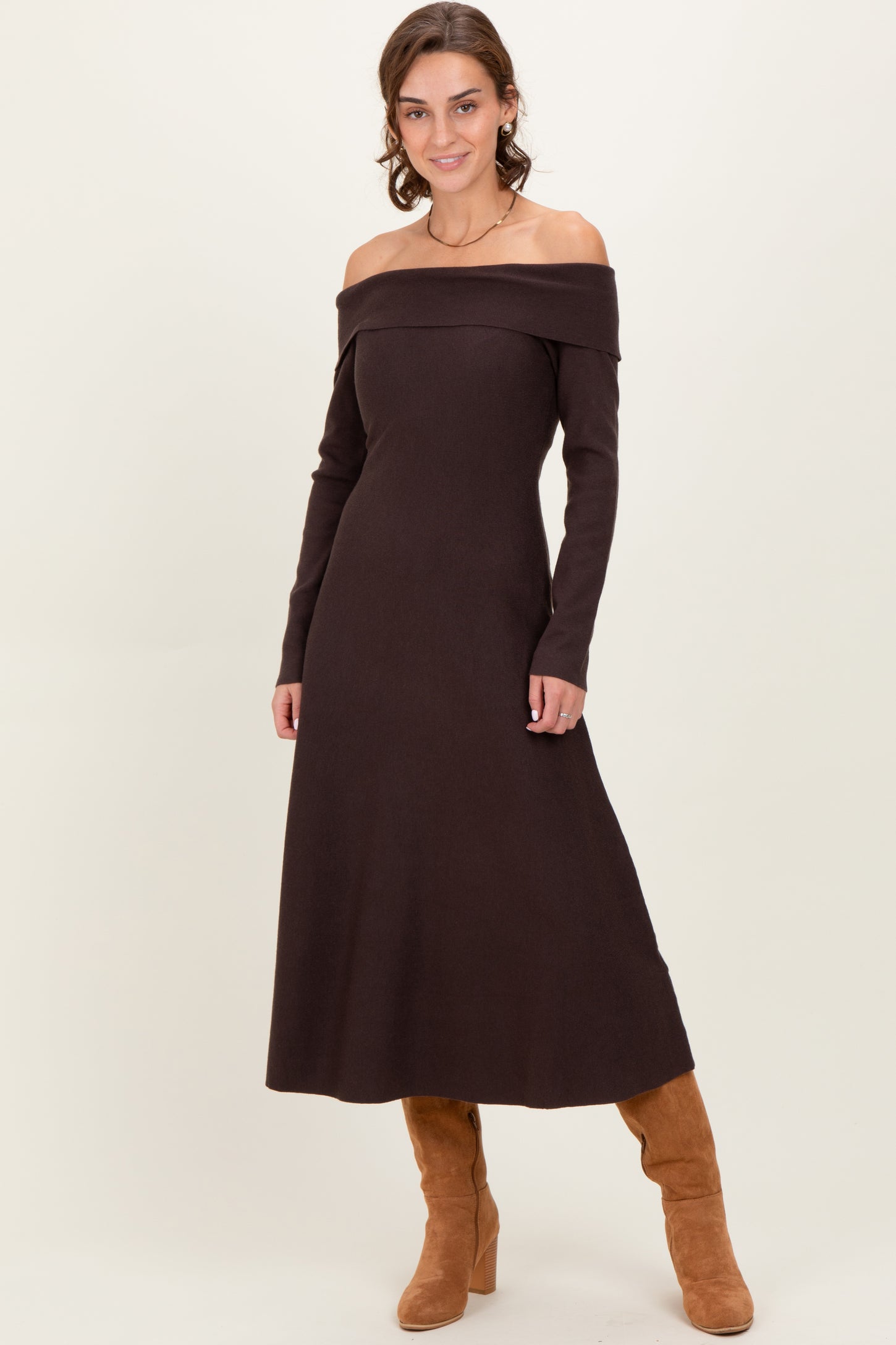 Brown Off Shoulder Sweater Midi Dress