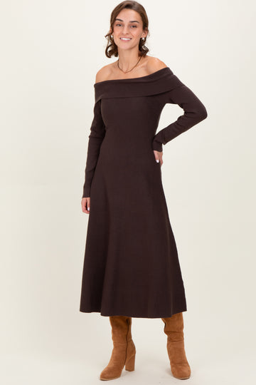 Brown Off Shoulder Sweater Midi Dress