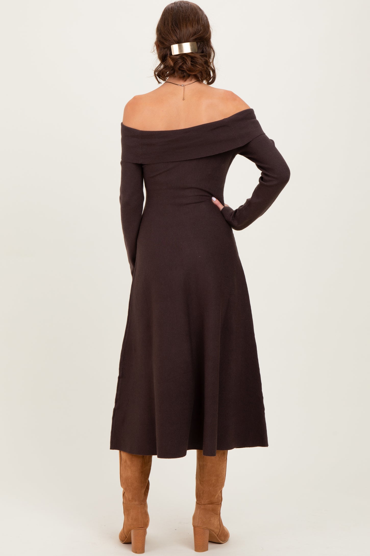 Brown Off Shoulder Sweater Midi Dress