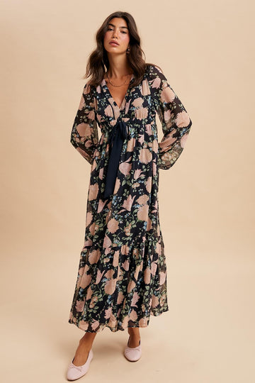 Navy Floral Chiffon Bow Tie Front Maxi Dress